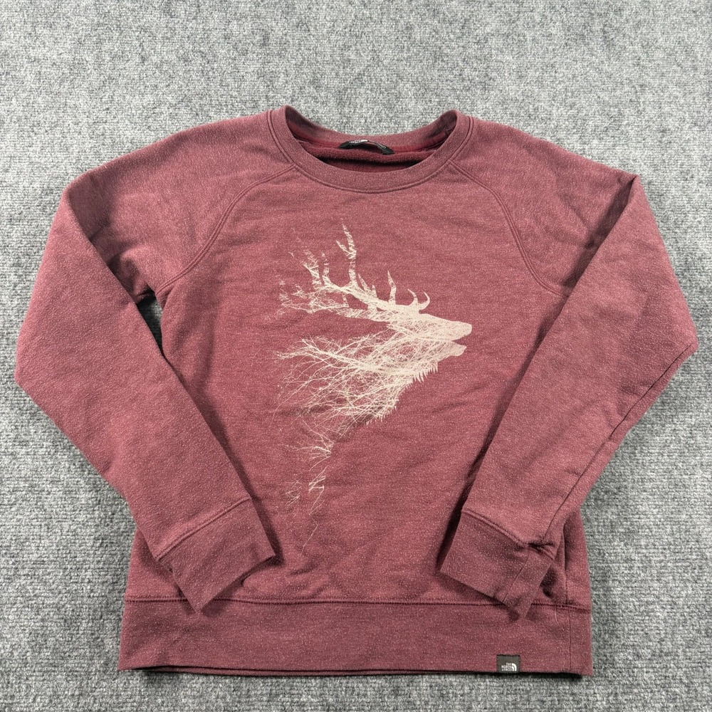 The North Face Sweatshirt Womens Medium Maroon Deer Graphic Crew Neck Pullover